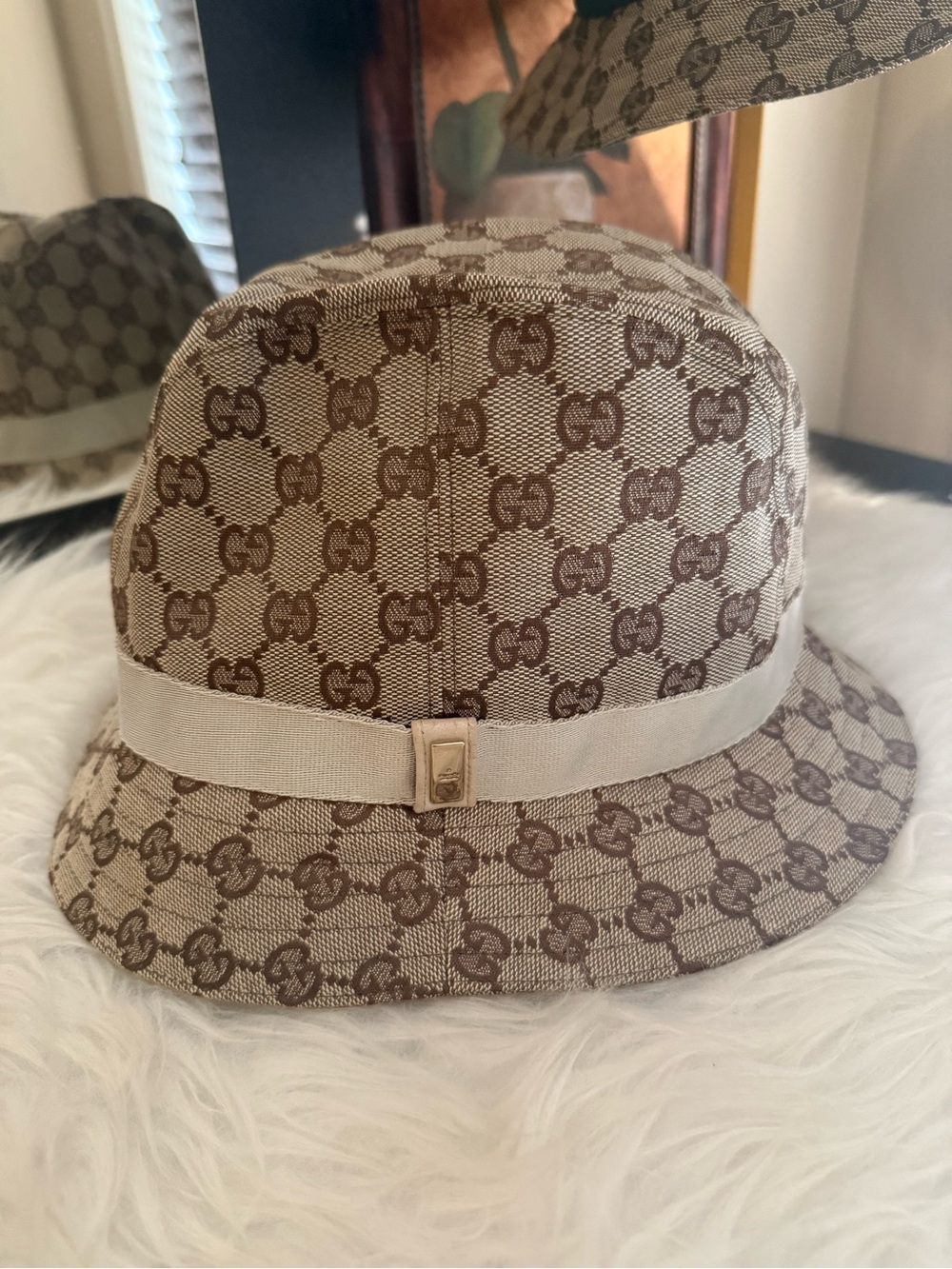 Vintage Gucci Beige and Brown GG Monogram Bucket Hat with Cream Band